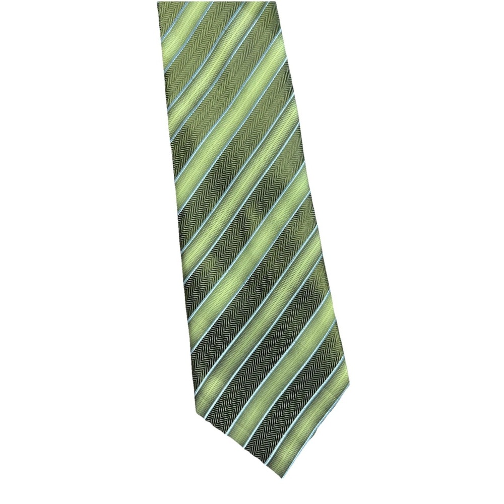 Hermès Paris Vintage Men's Silk Tie Olive Green Diagonal Stripe Herringbone 60"
